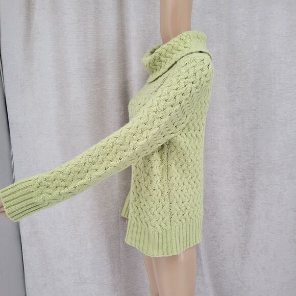 Harold's Cashmere Wasabi Spring Green Cable Knit Pointelle Cowl Neck Sweater - Picture 7 of 11